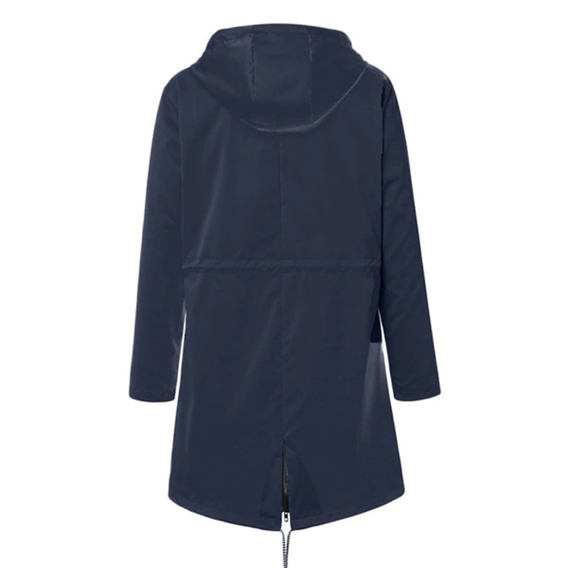 Back view of a navy waterproof hooded rain jacket with full sleeves and windproof features, perfect for outdoor activities.